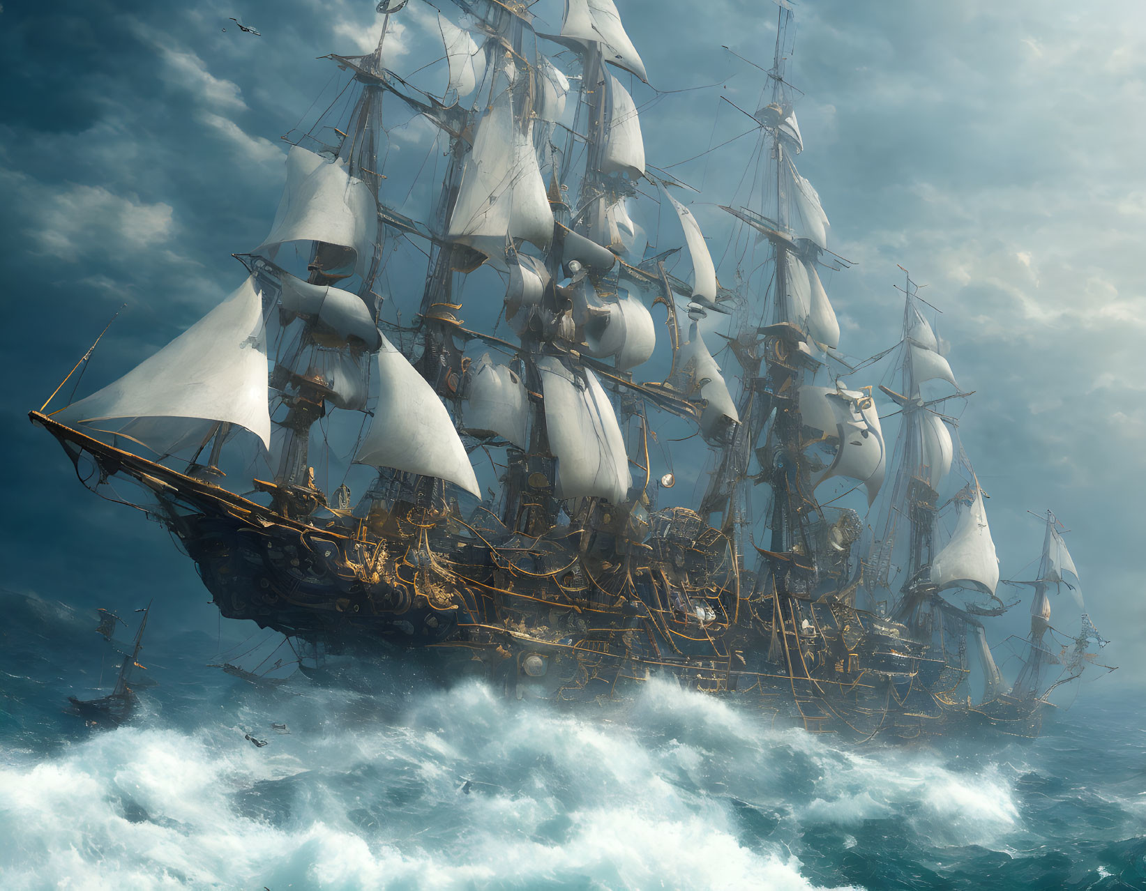 Majestic sailing ship in stormy seas with unfurled sails