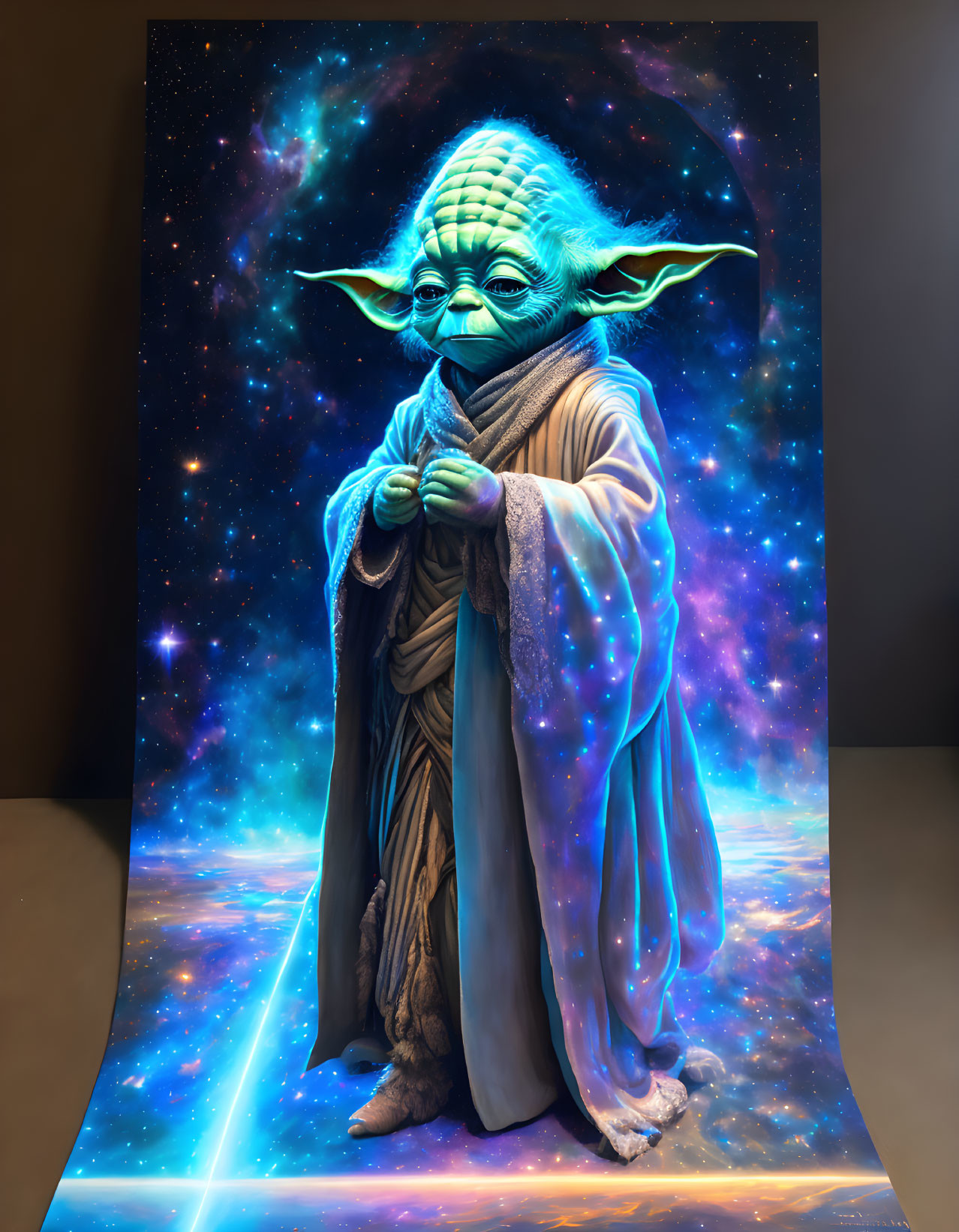 Green-skinned alien in brown robe against starry background