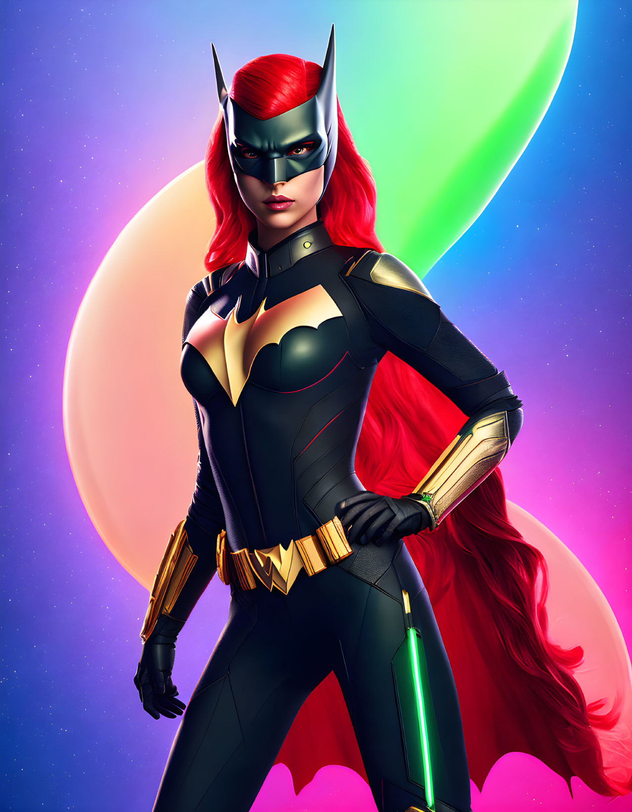 Stylized Batwoman illustration in black and red costume with flowing cape.