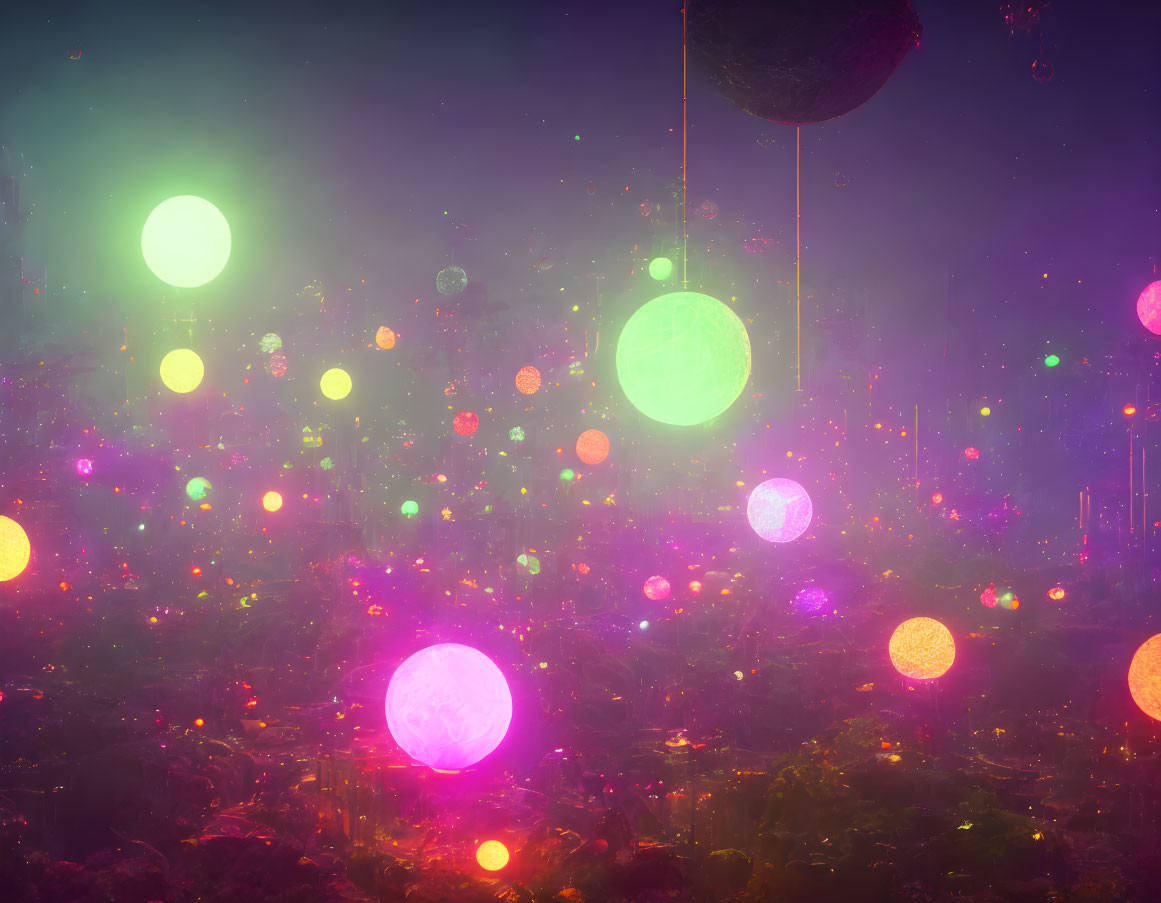 Colorful Landscape with Glowing Orbs in Neon-lit Misty Atmosphere