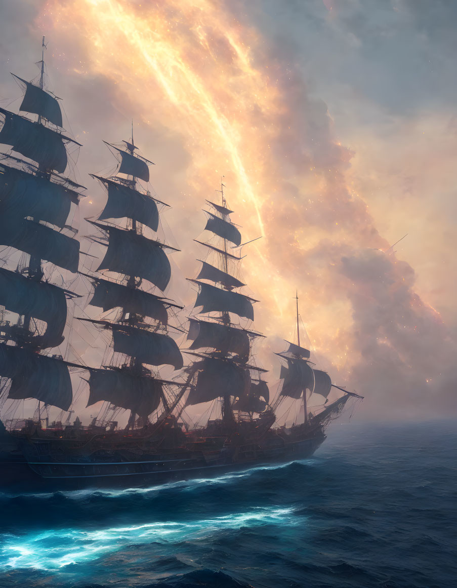 Tall ship sailing on glowing ocean at dusk with fiery comet in cloudy sky