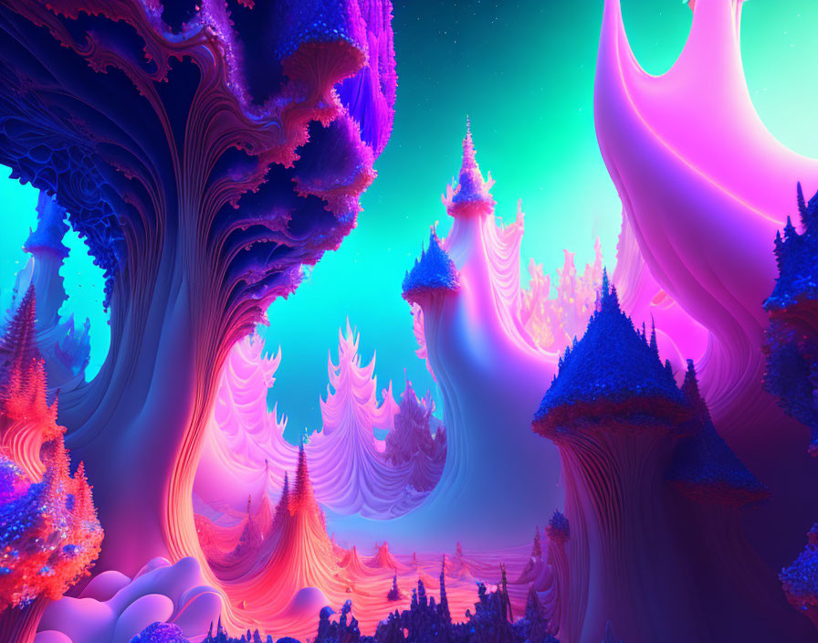 Surreal neon landscape with fantastical tree-like structures