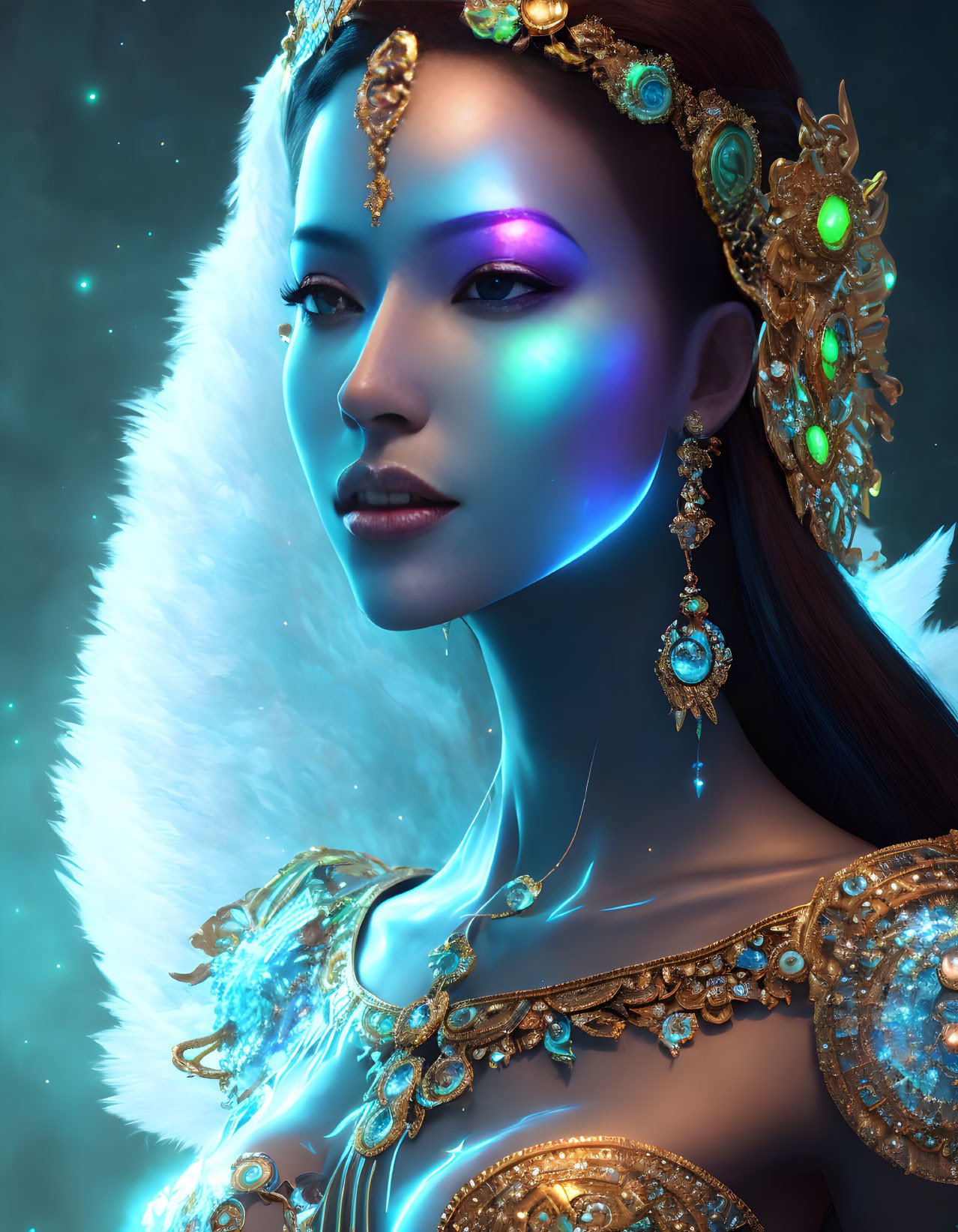 Ethereal woman with blue glow and gold jewelry on dark background