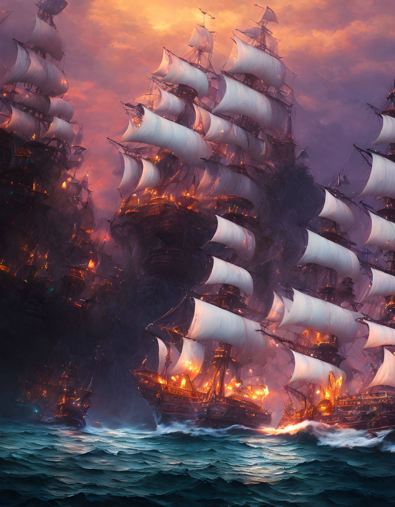 Sail ships with lit lanterns on tumultuous sea at fiery sunset