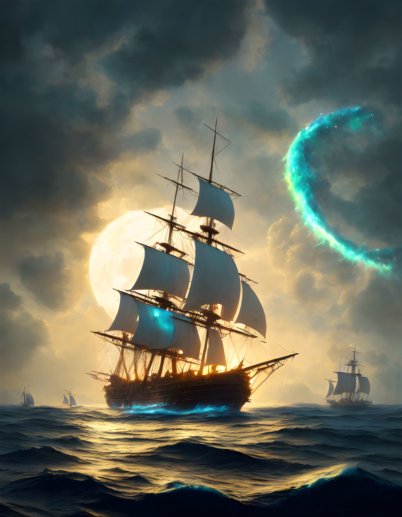 Majestic sailing ship on turbulent seas under surreal moon.