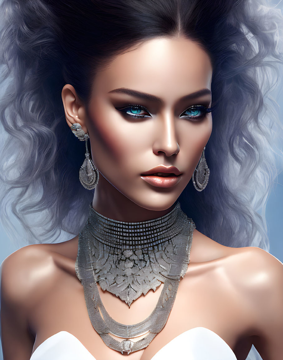 Digital Artwork: Woman with Voluminous Curly Gray Hair and Striking Blue Eyes