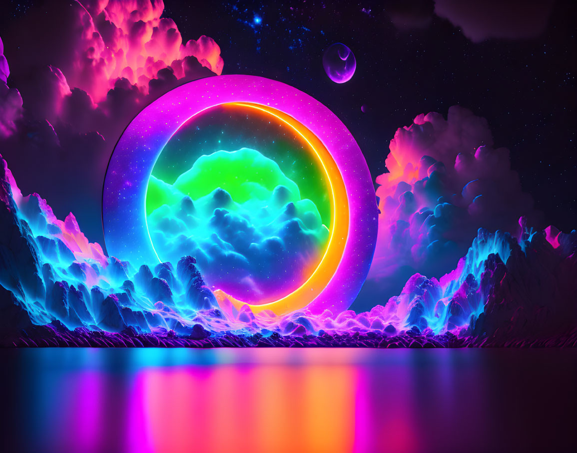 Colorful surreal landscape with luminous portal over water and silhouetted mountains.