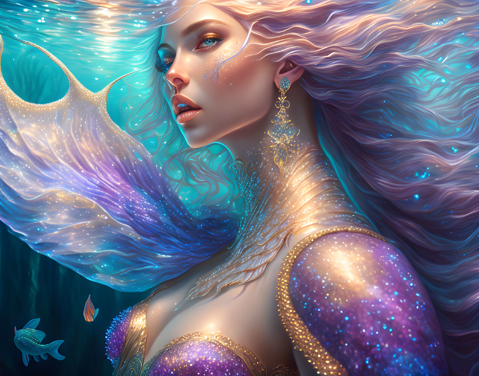 Ethereal mermaid with galaxy hair and shimmering scales in underwater scene