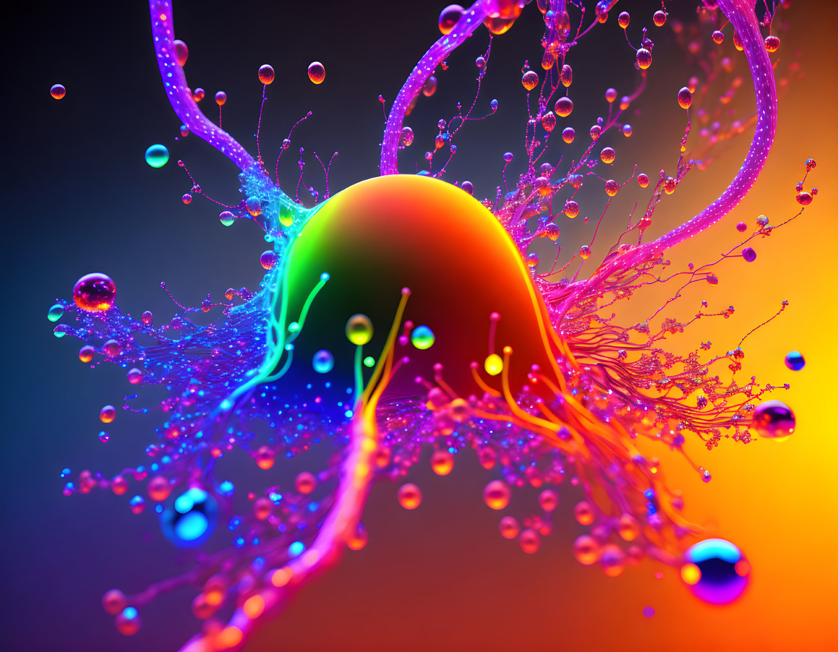 Colorful abstract art with glossy sphere and neon tentacles