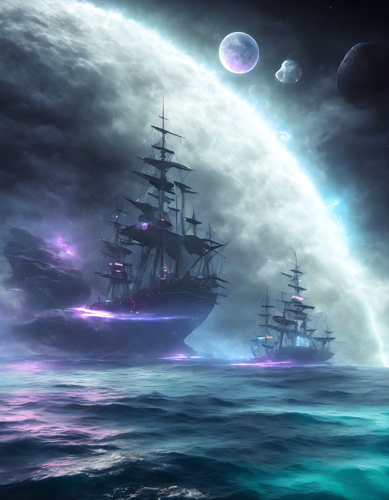 Fantastical sailing ships on glowing ethereal sea with cosmic sky