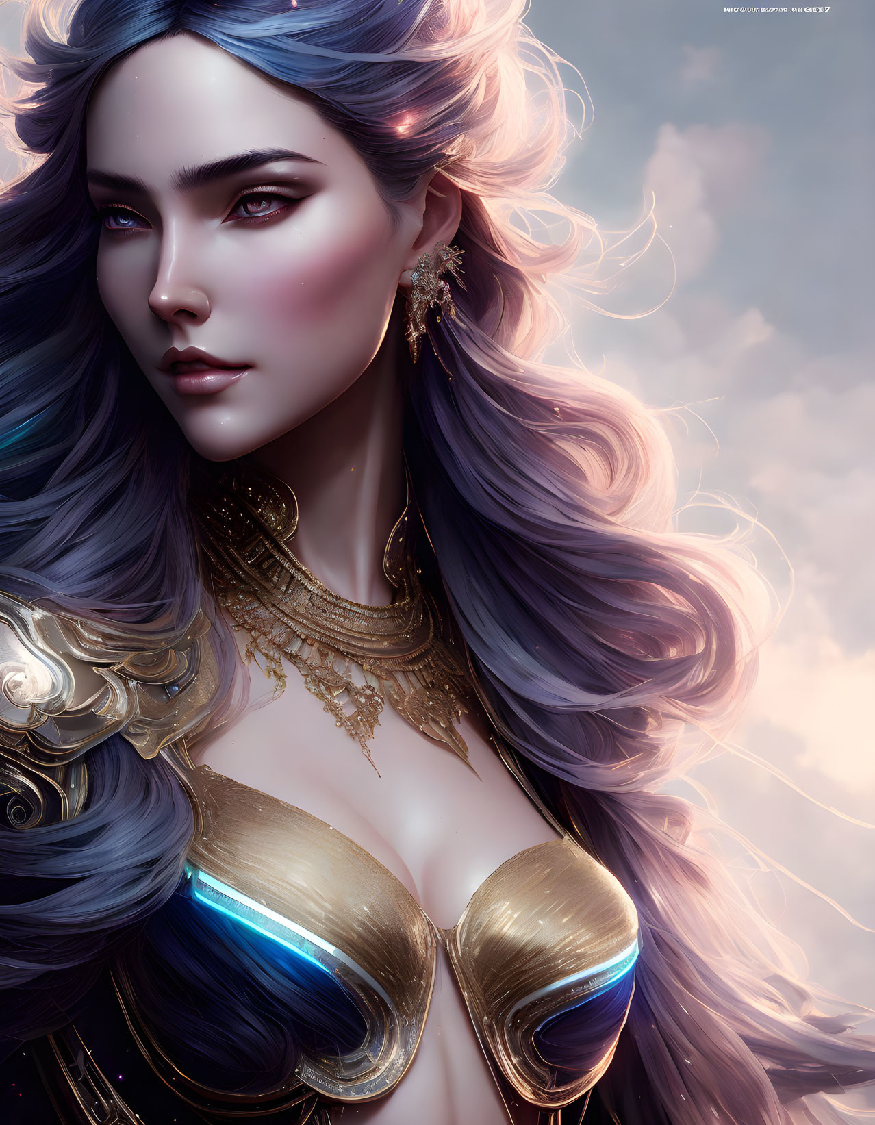 Digital artwork: Female character with purple hair, blue eyes, golden armor, and jewelry on cloud-like