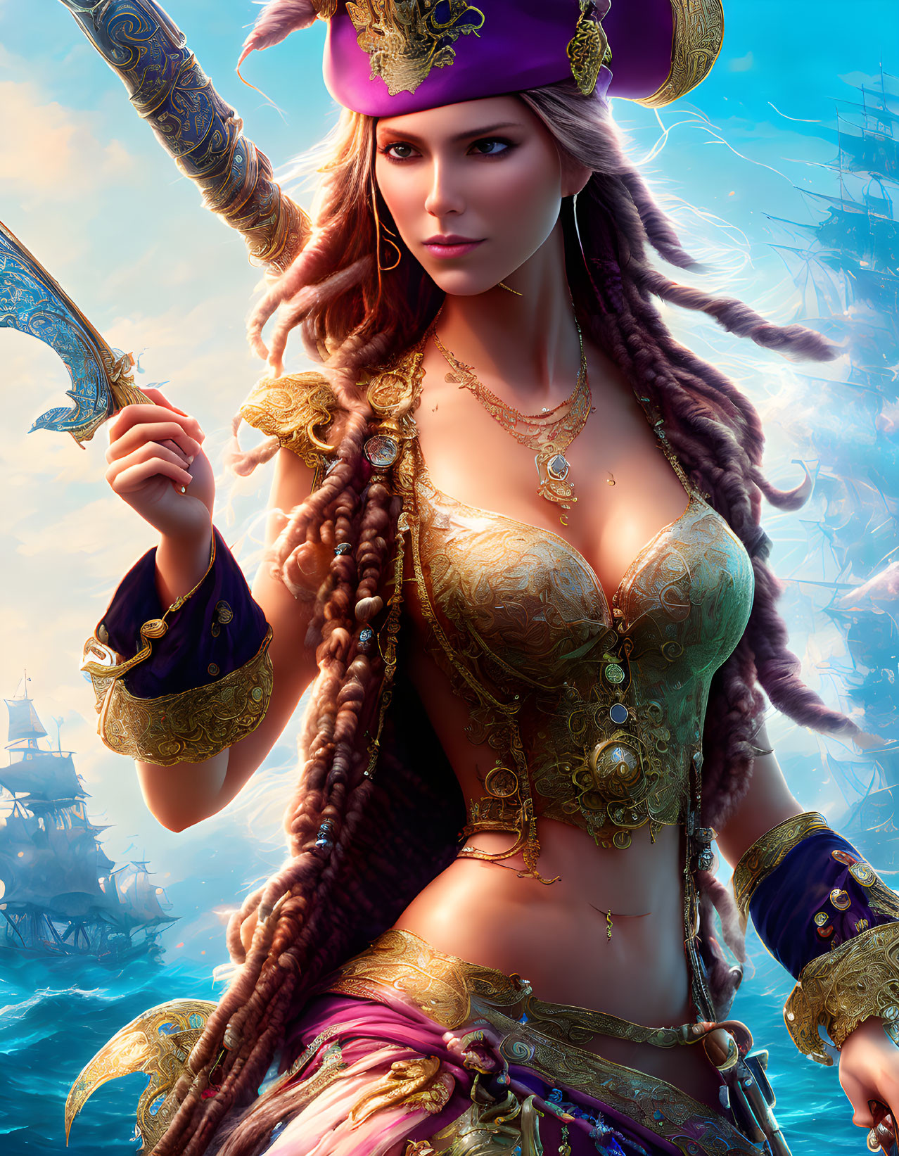 Stylized pirate woman in gold and purple attire with curved sword on nautical backdrop