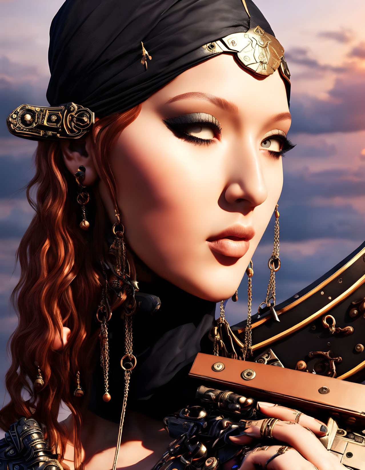 Woman with headscarf and metallic shoulder armor in twilight digital artwork