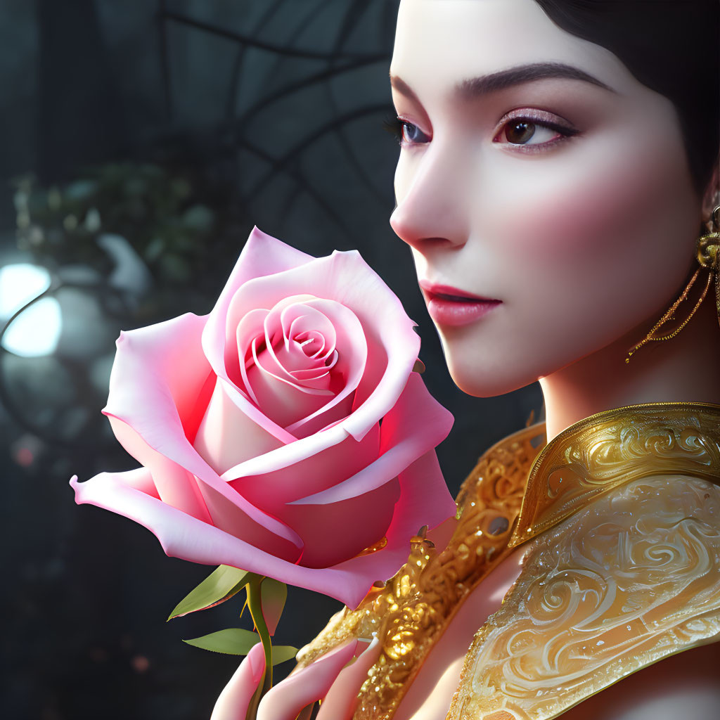 Detailed makeup on serene woman holding pink rose in ornate attire