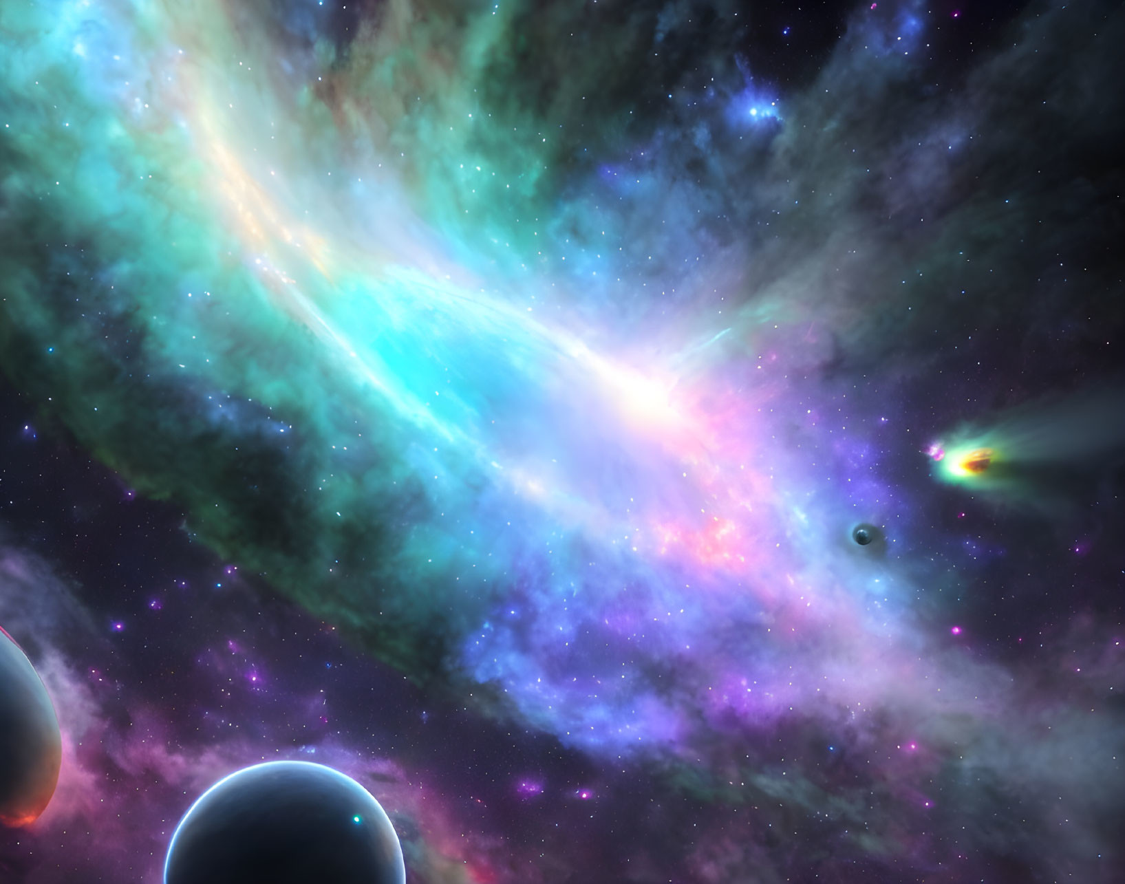 Colorful cosmic scene with radiant celestial object, nebulae, stars, and planets.