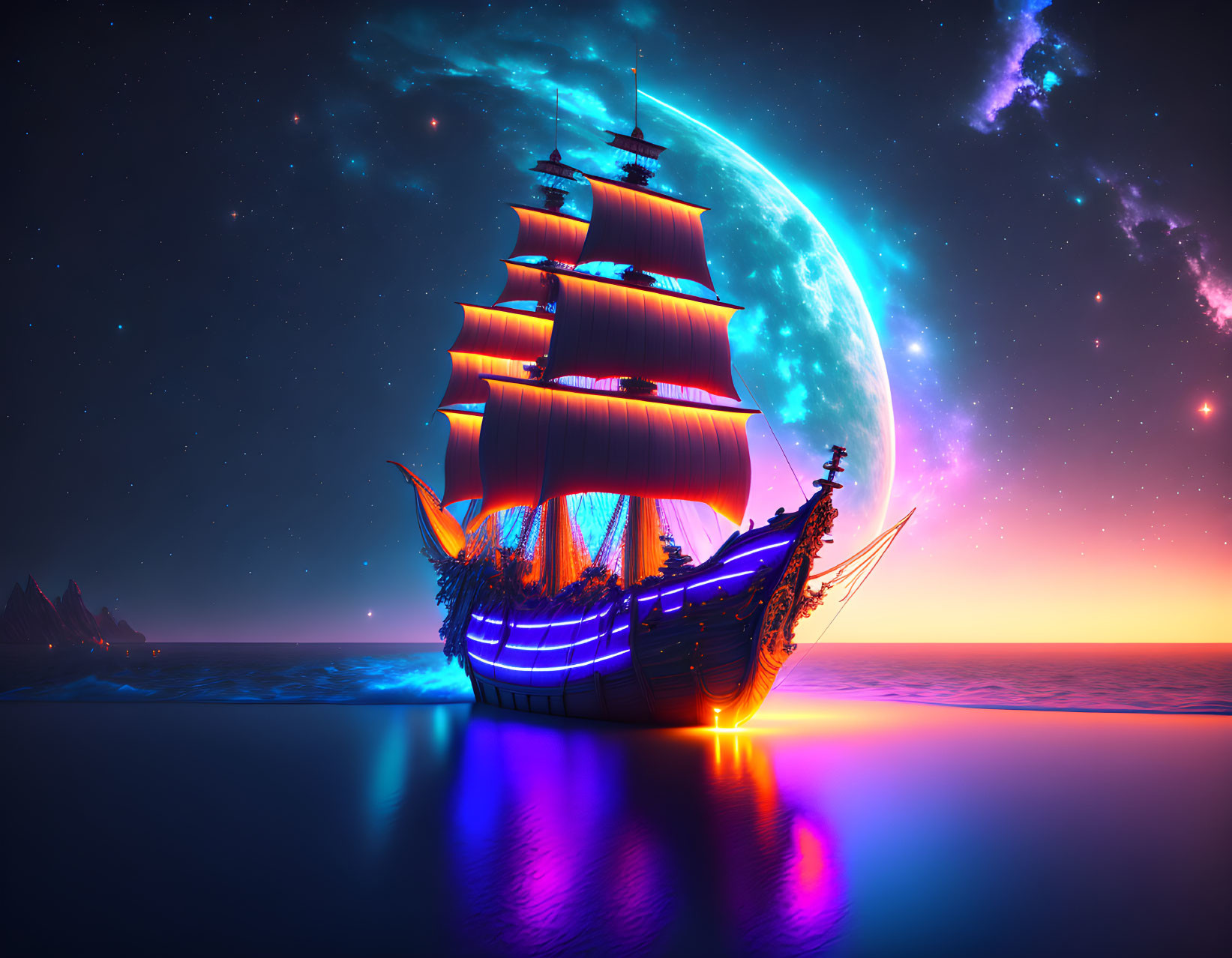 Digital artwork: Sailing ship with illuminated sails on calm waters under starry sky, moon, and