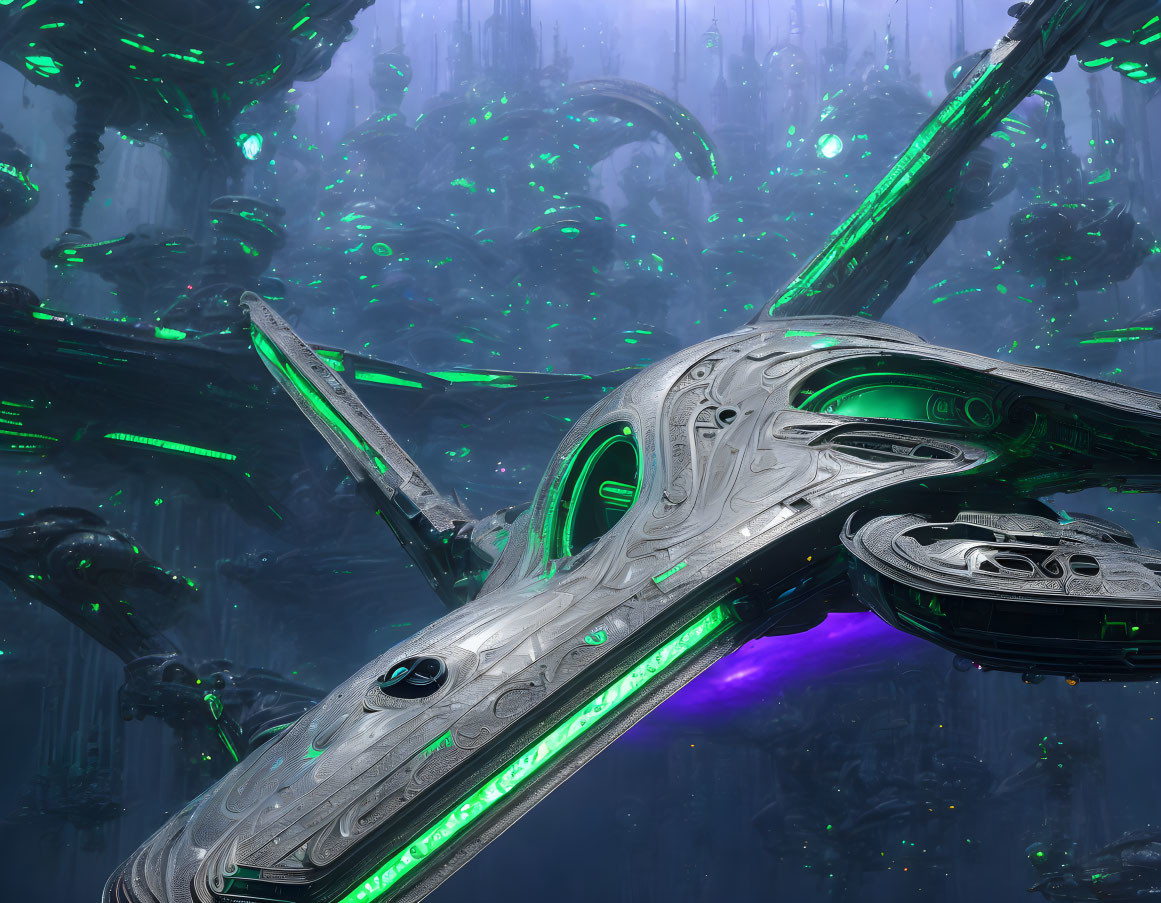 Futuristic spaceship with green accents near alien structures under blue sky