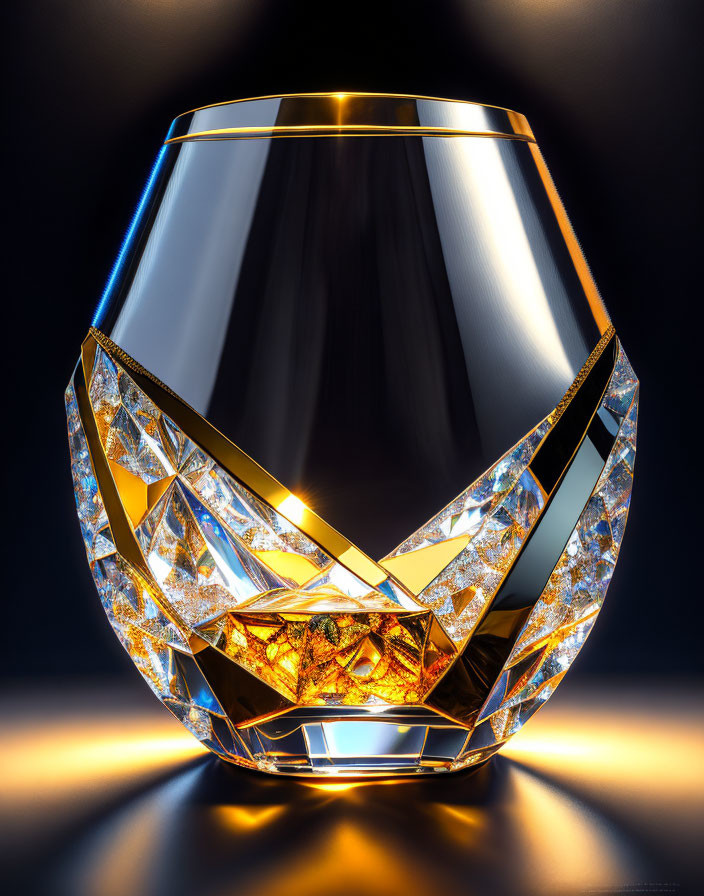 Faceted Crystal Glass Radiating Warm Light on Dark Background