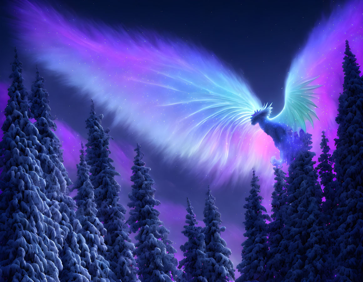 Mystical blue phoenix flying over snowy forest at night