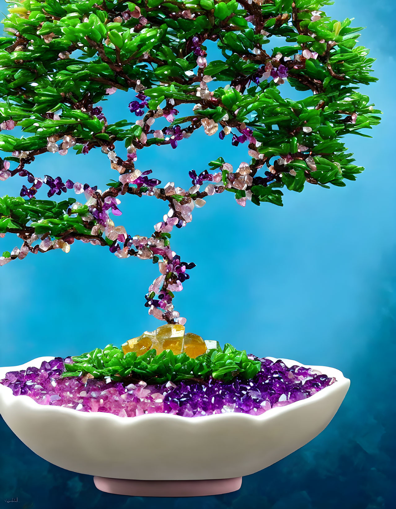 Colorful Bonsai Tree with Pink Crystals in White Pot