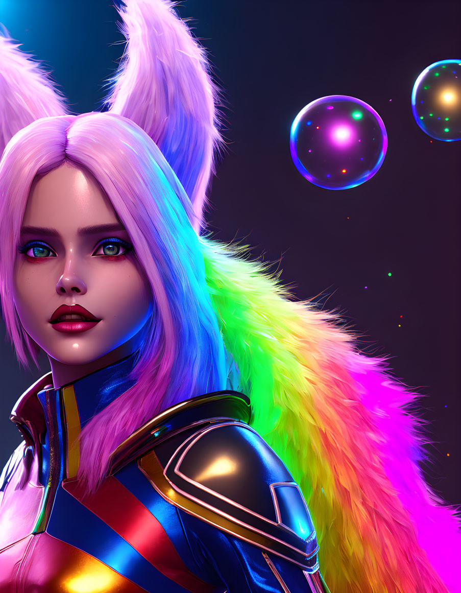 Digital art portrait of woman with rabbit ears, rainbow hair, futuristic armor, and iridescent bubbles