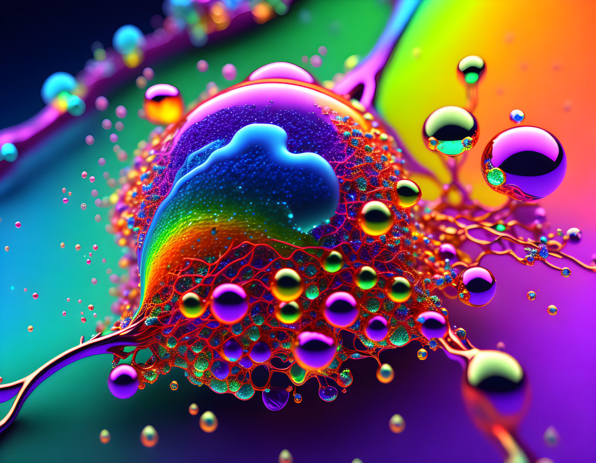 Colorful glossy droplets on multicolored iridescent backdrop