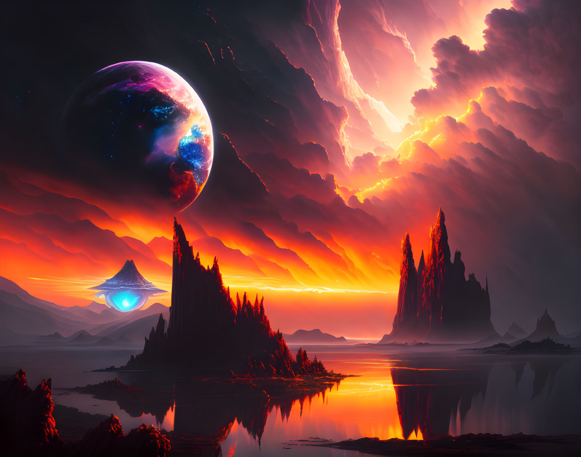 Surreal landscape with fiery skies, giant planet, spire-like mountains, and glowing eye symbol