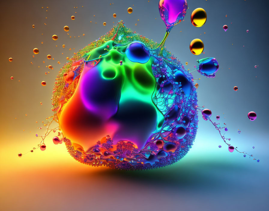 Colorful soap bubble with smaller bubbles on gradient background