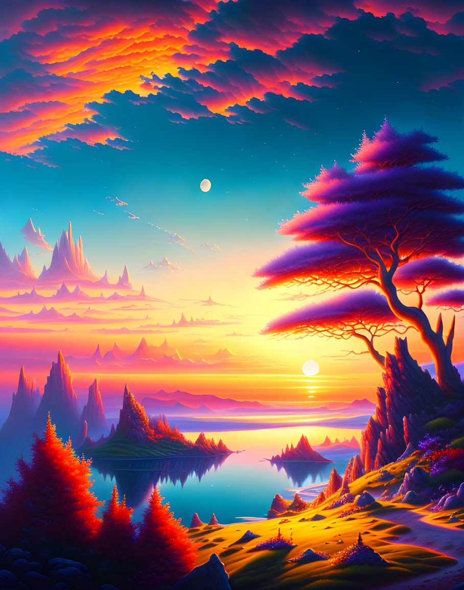 Colorful Sunset Fantasy Landscape with Crescent Moon and Reflective Waters