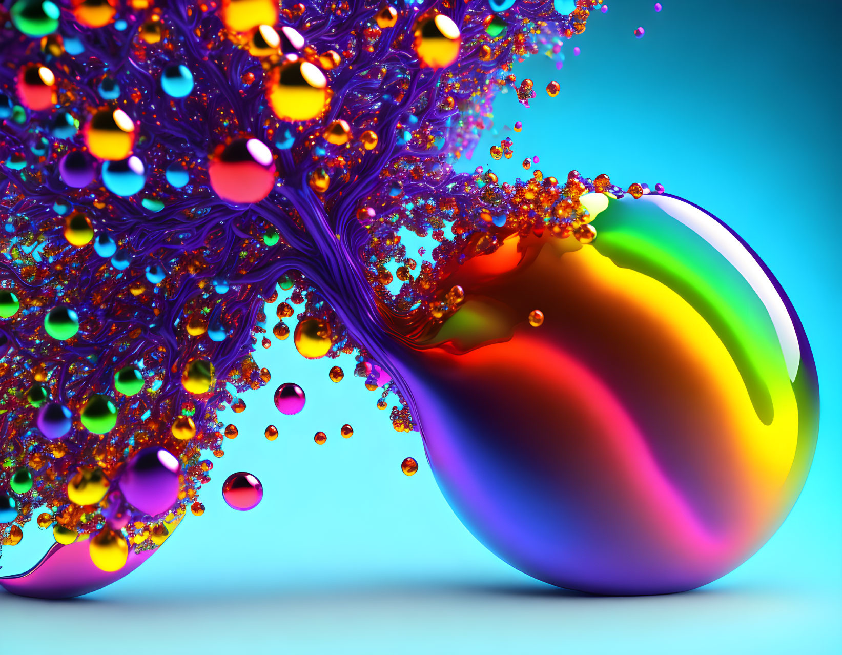 Colorful 3D liquid splash with droplets on blue gradient