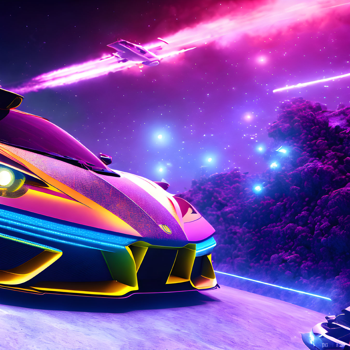 Colorful sports car in futuristic space-themed background with neon-lit landscape and spaceships.