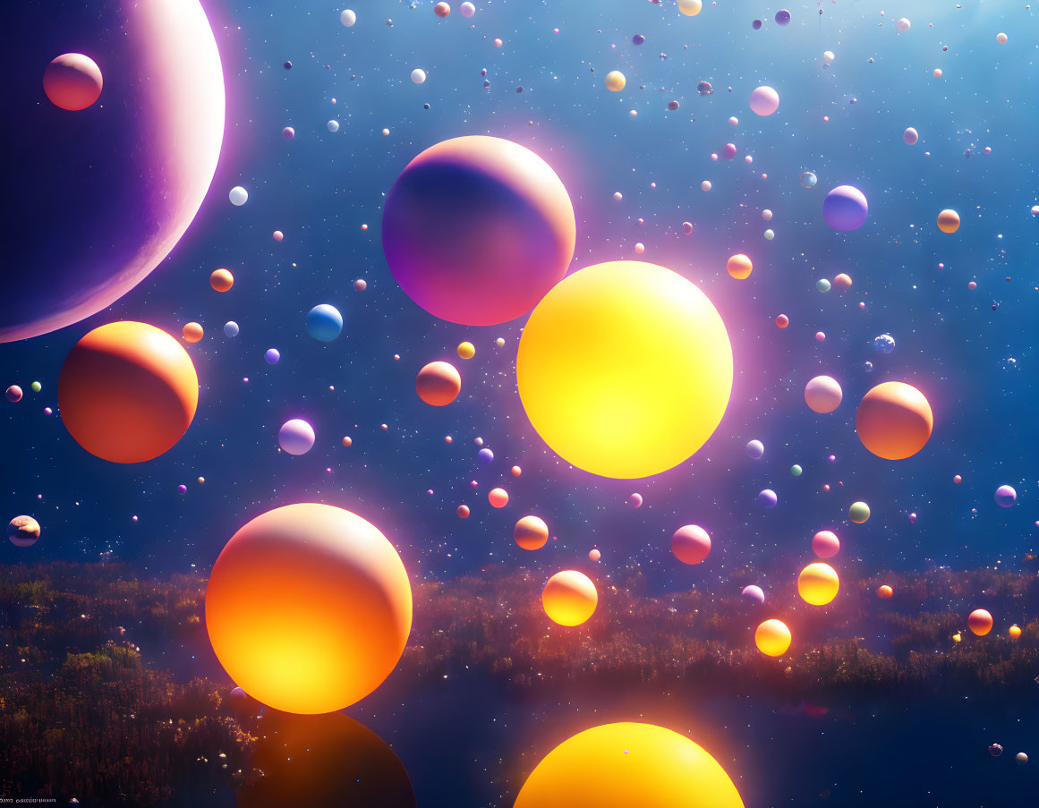 Colorful Spheres Floating Above Reflective Water at Dusk