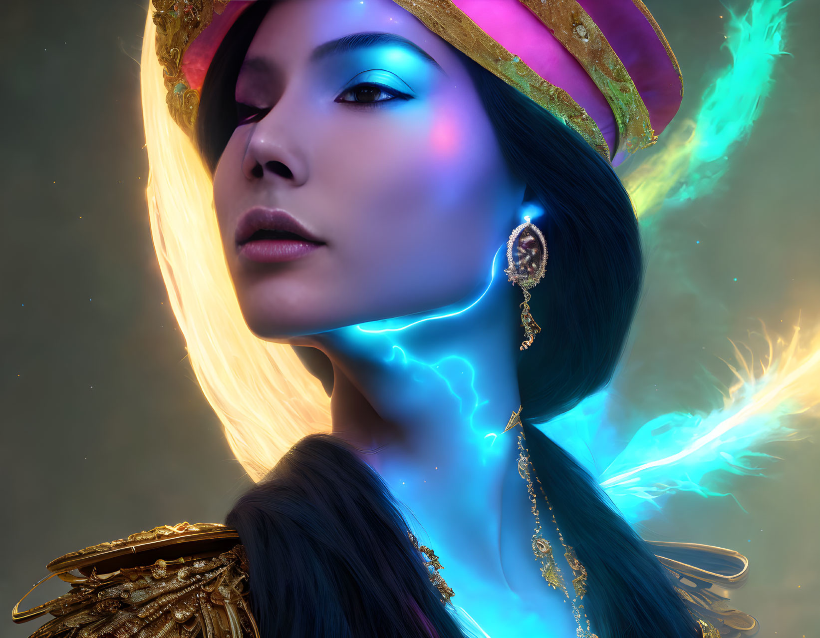 Fantasy-themed digital artwork with vibrant neon blue light effects