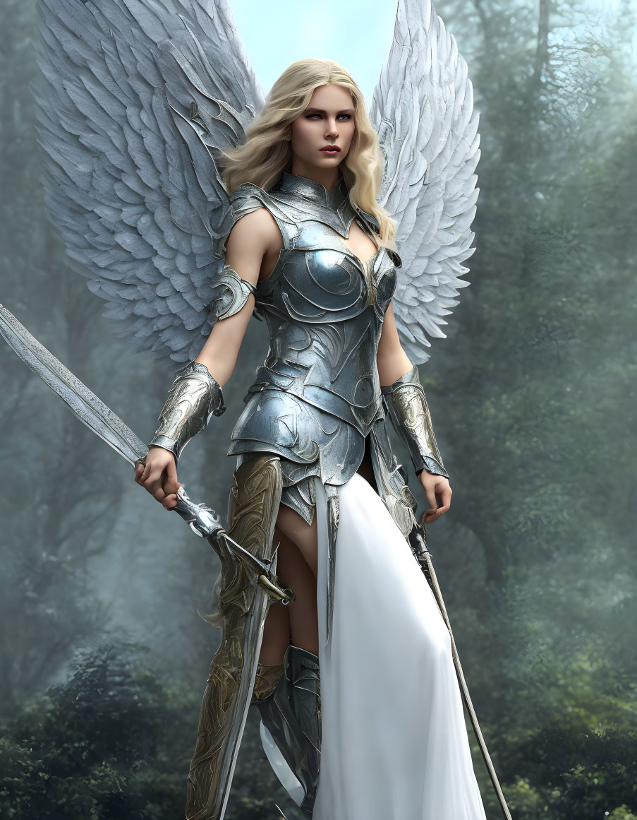 Blonde woman in silver armor with angelic wings in misty forest