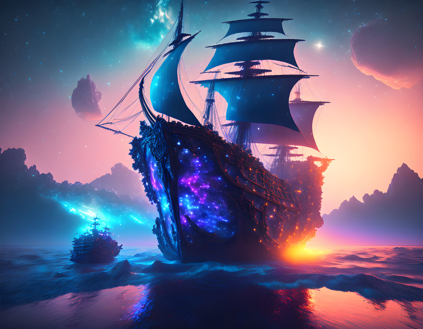 Majestic ship with glowing blue-purple accents sailing on tranquil waters