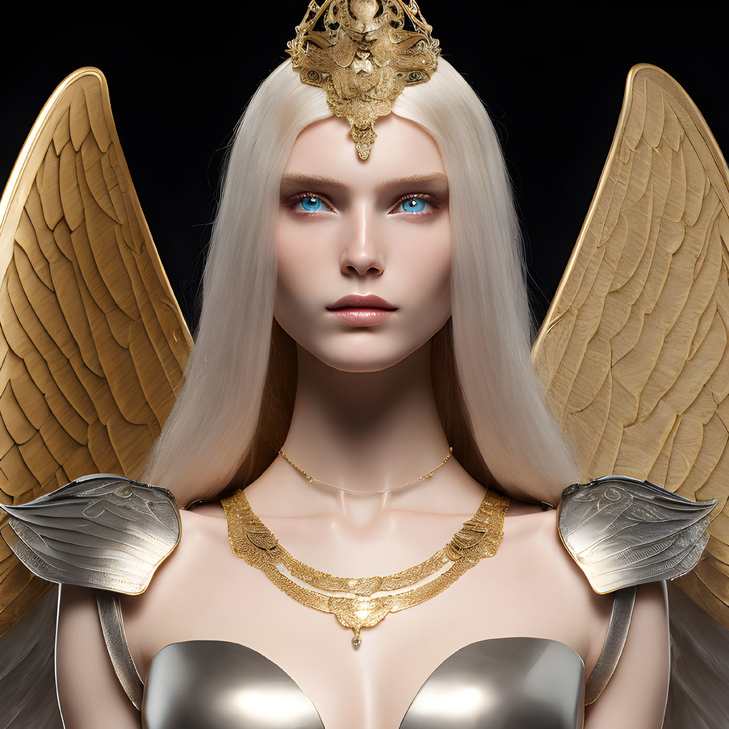 Fantasy artwork featuring woman with gold winged shoulders, crown, and white hair