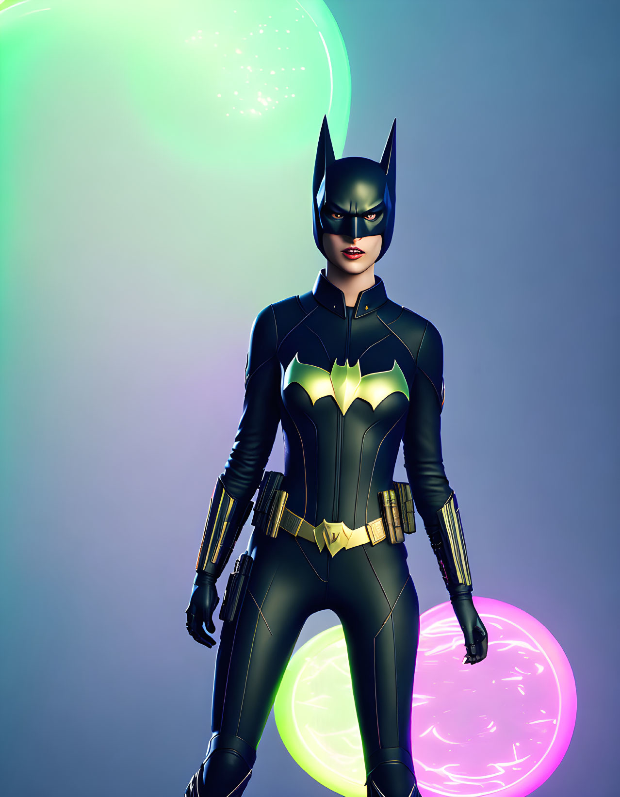 Female superhero in black and gold costume with bat ears, gauntlets, and utility belt, standing