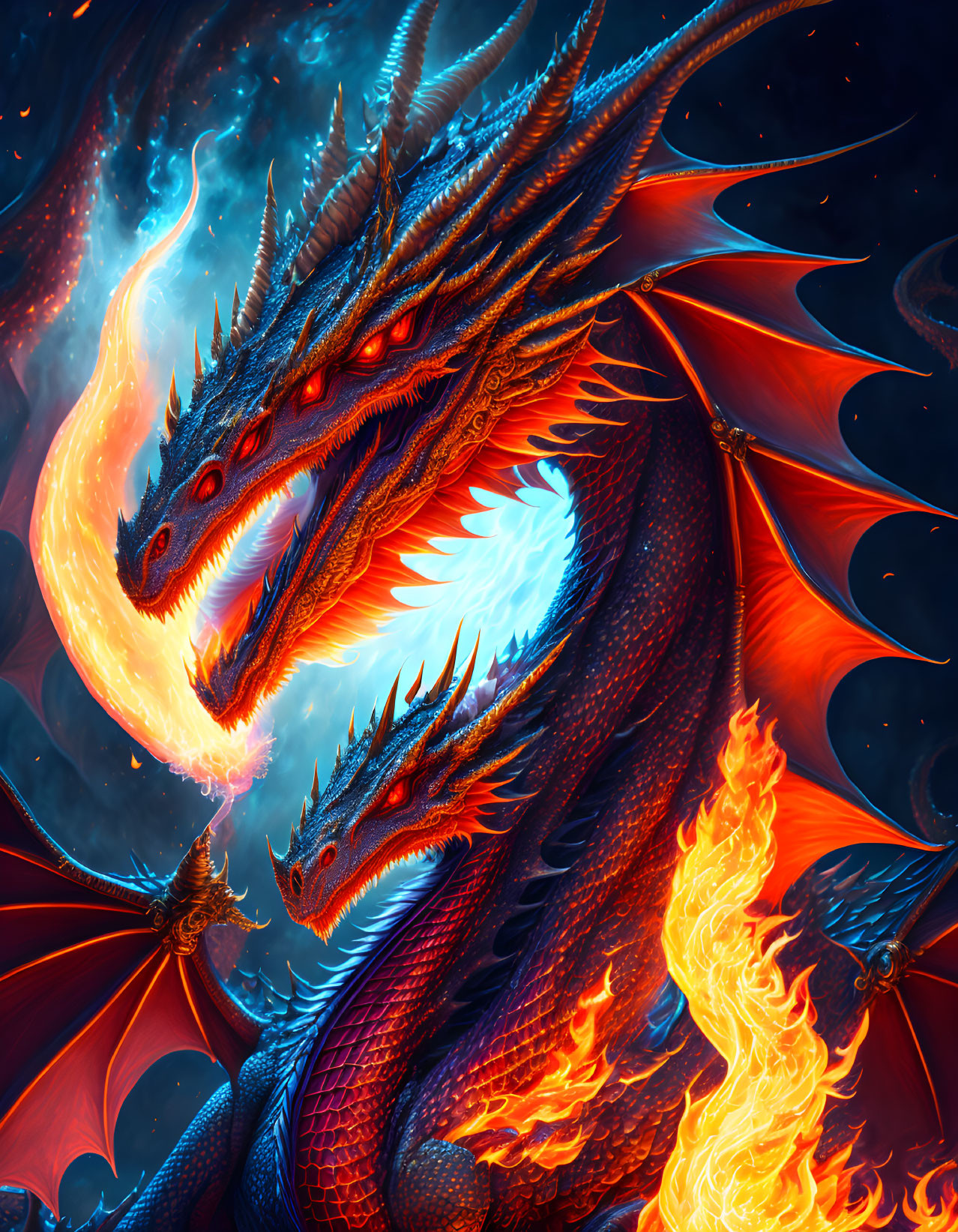 Illustration of three-headed dragon breathing fire in fiery background