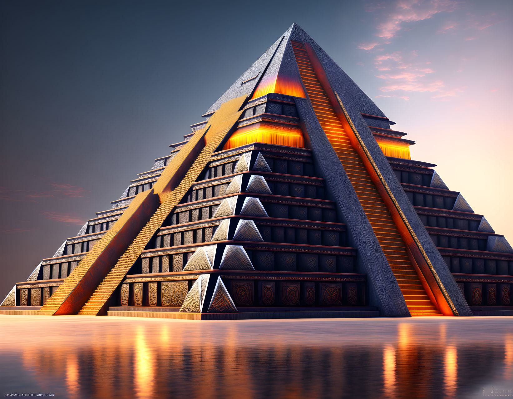 Stylized digital artwork: Ancient pyramid with illuminated steps and hieroglyphics reflected on water at