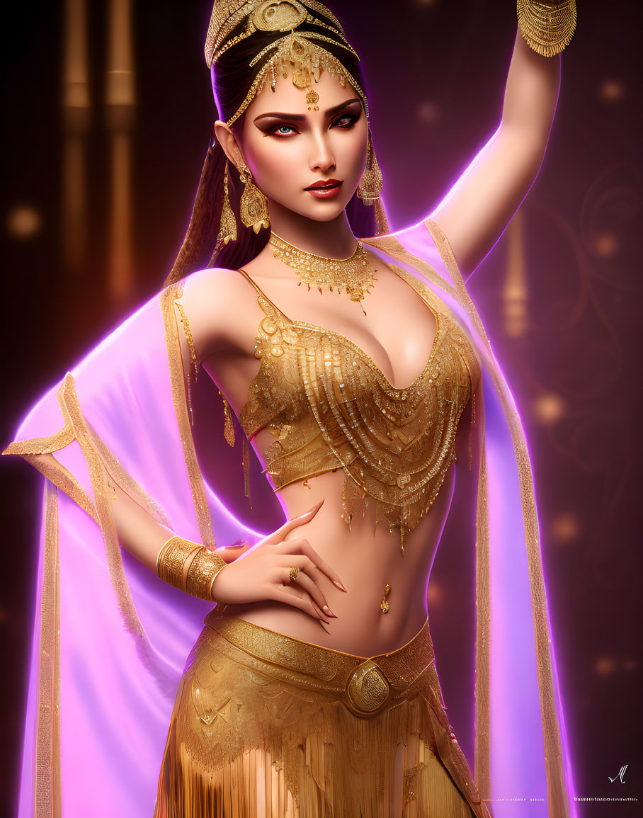 Glamorous female character in golden outfit with magical purple aura on warm bokeh background