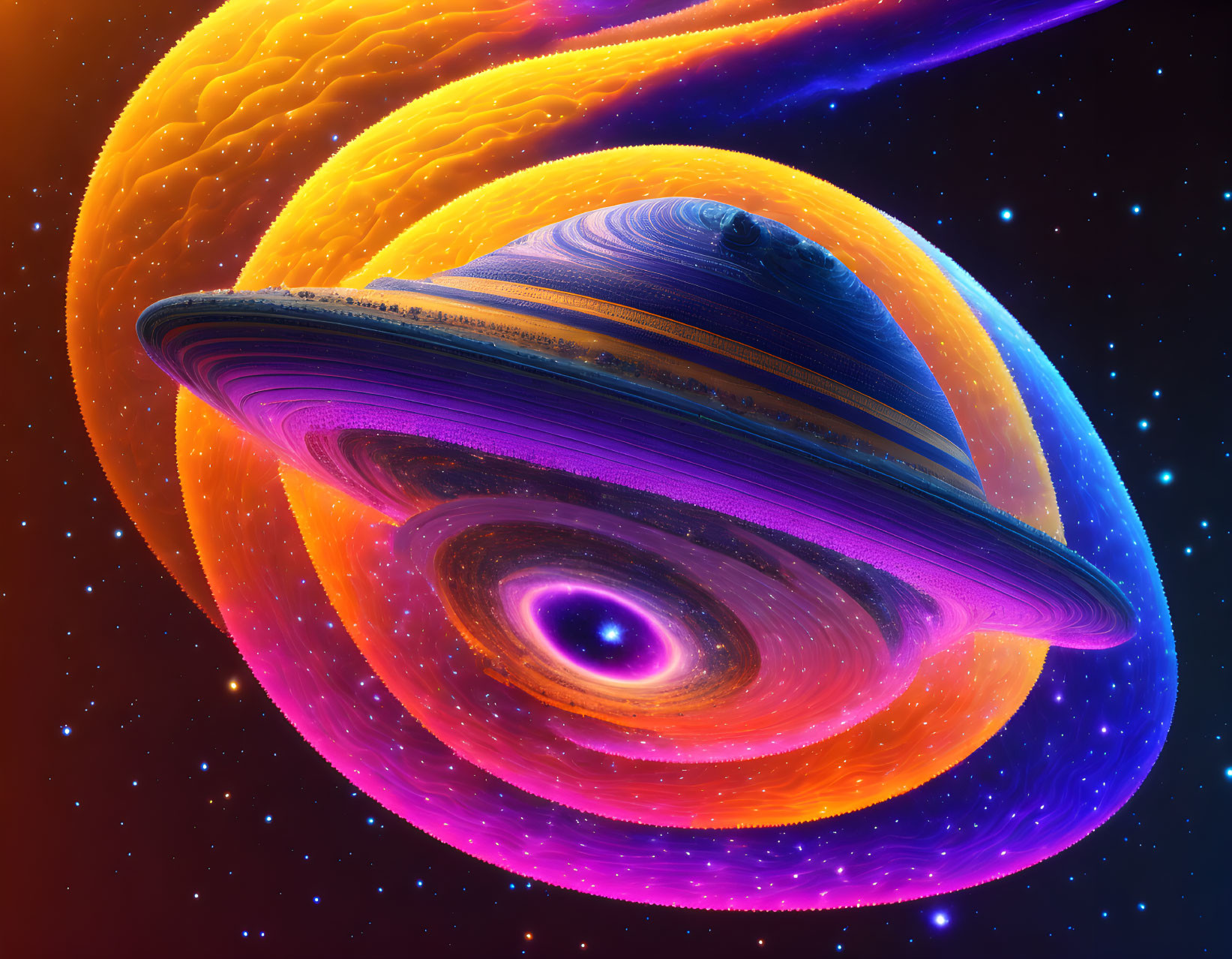 Colorful Digital Artwork: Saturn with Exaggerated Rings in Cosmic Setting