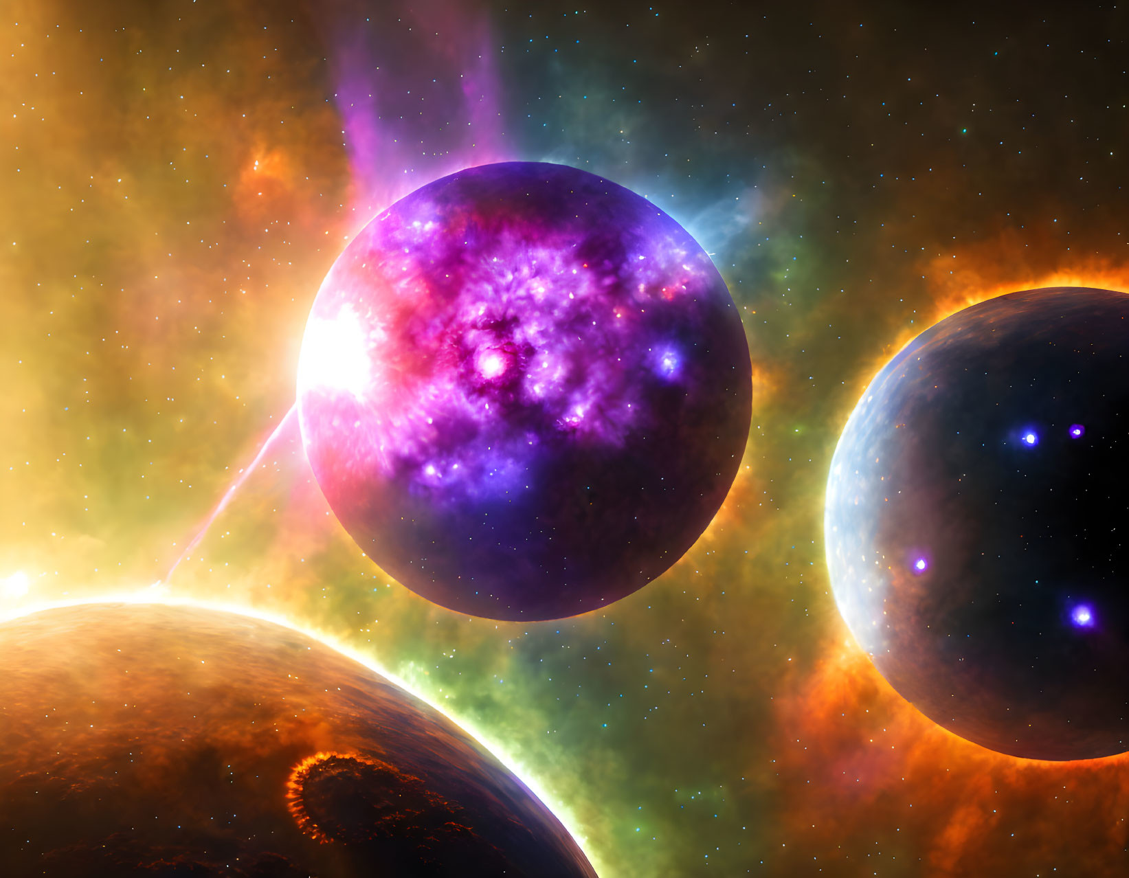 Three Celestial Bodies in Vibrant Space Scene