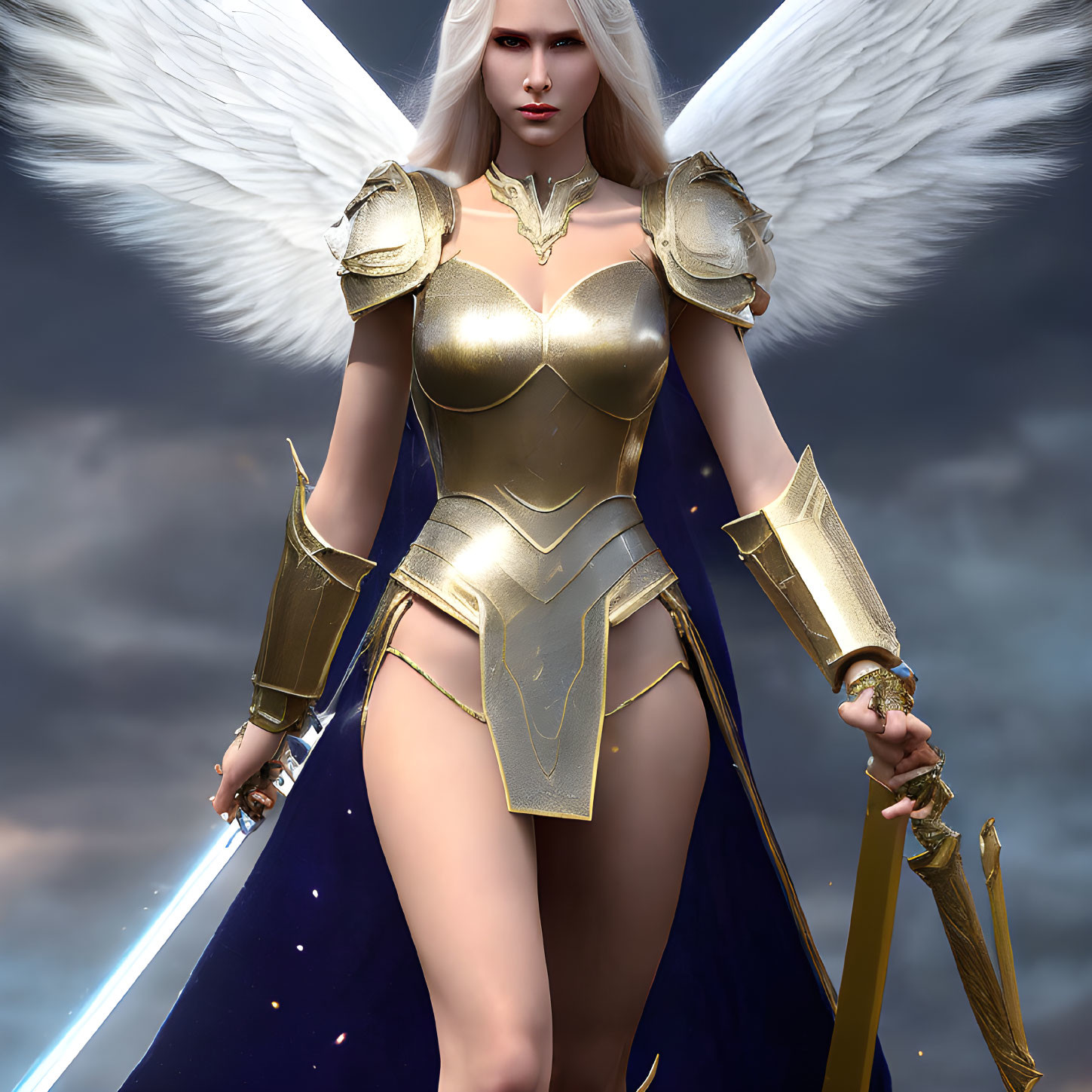 Female angelic warrior with white wings and golden armor under stormy sky