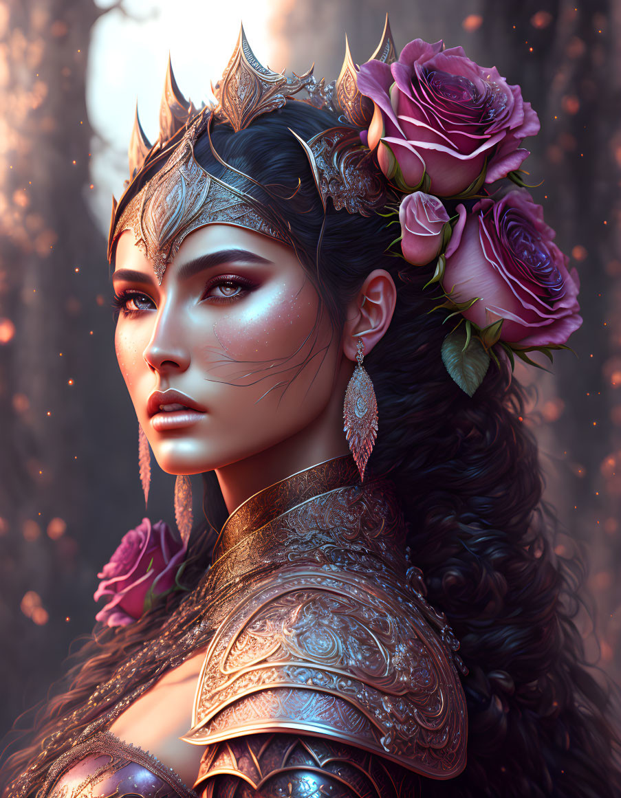 Majestic fantasy queen with ornate crown and purple roses in ethereal setting