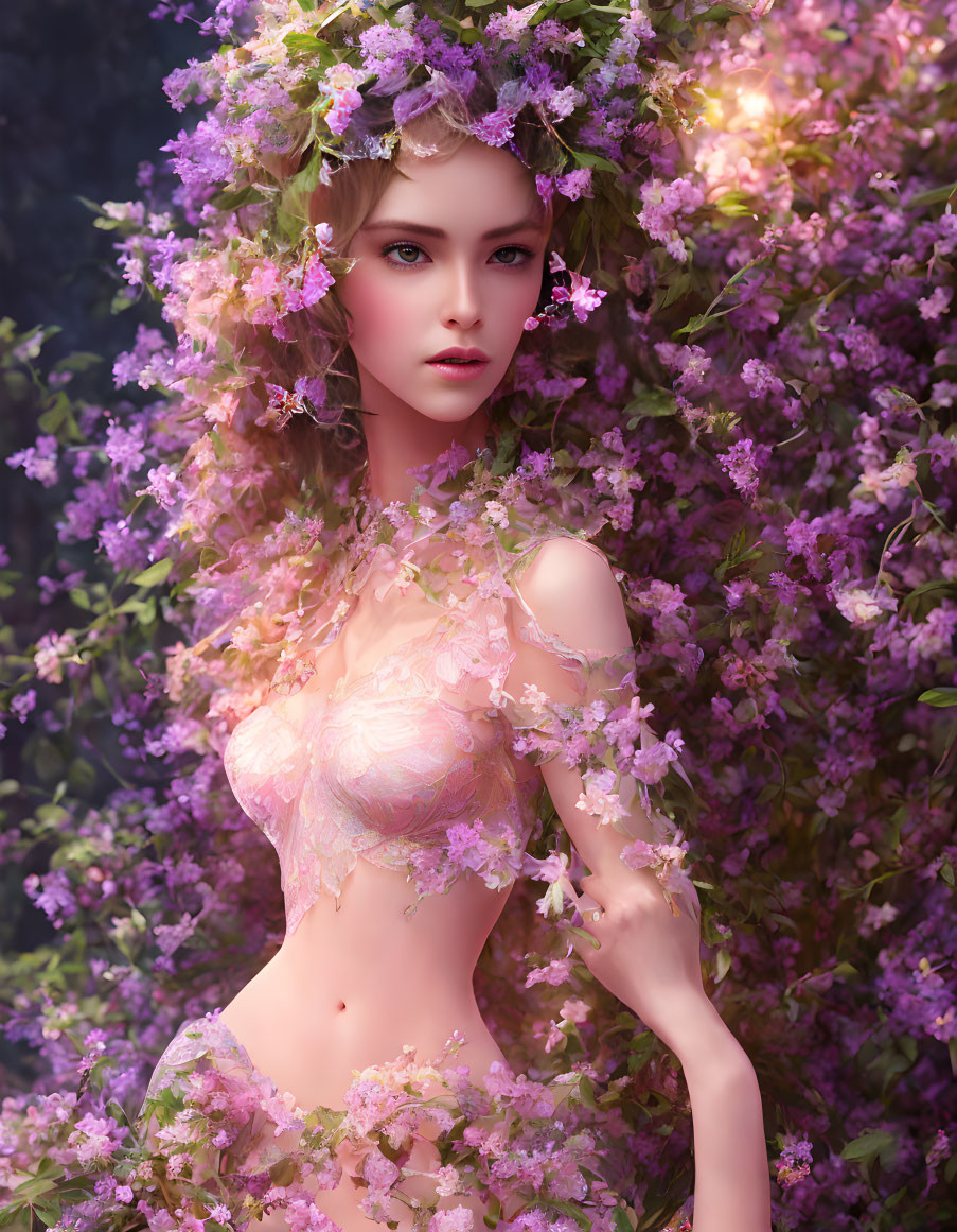 Person in Floral Crown Surrounded by Purple Blooms