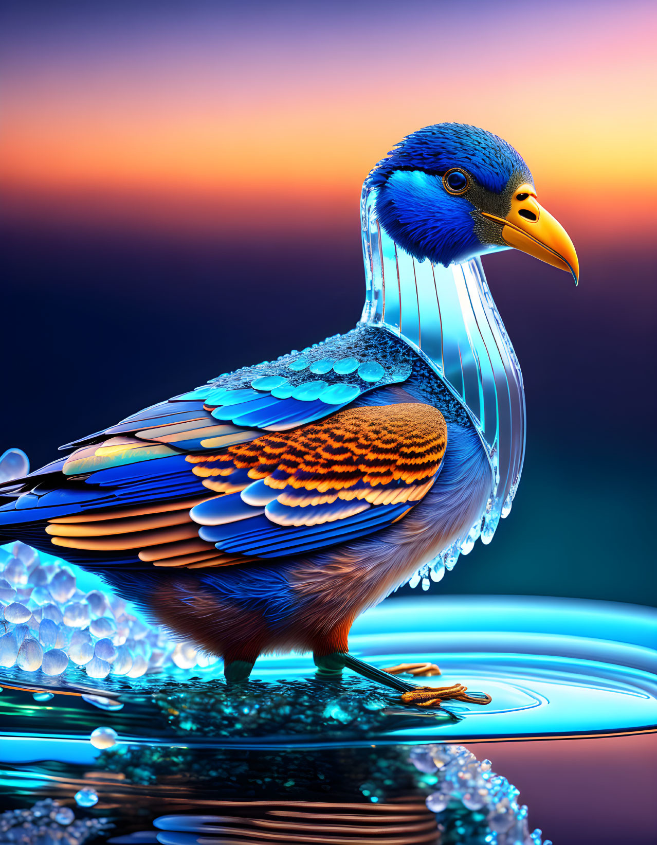 Colorful Stylized Bird with Bearded Man Beak in Sunset Scene