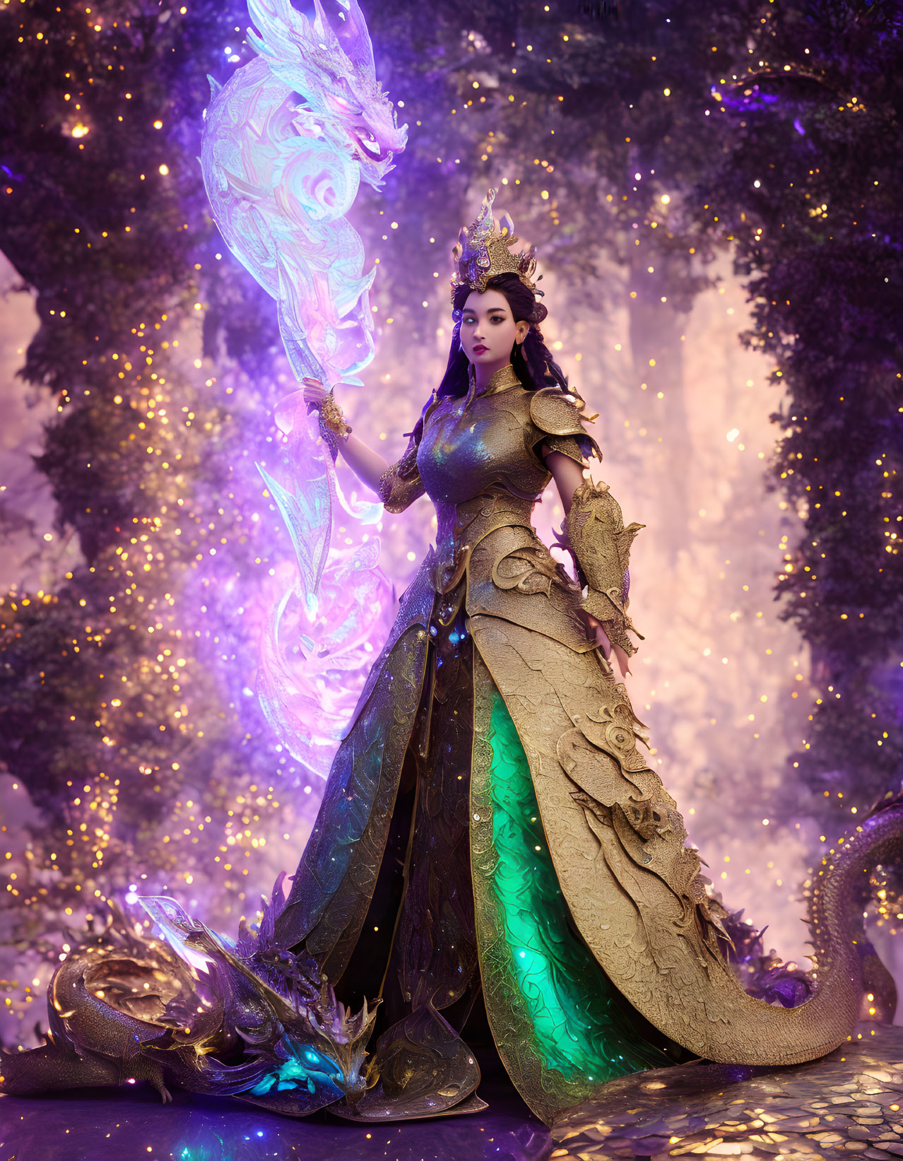 Regal fantasy character in golden dragon gown with magical staff in purple forest