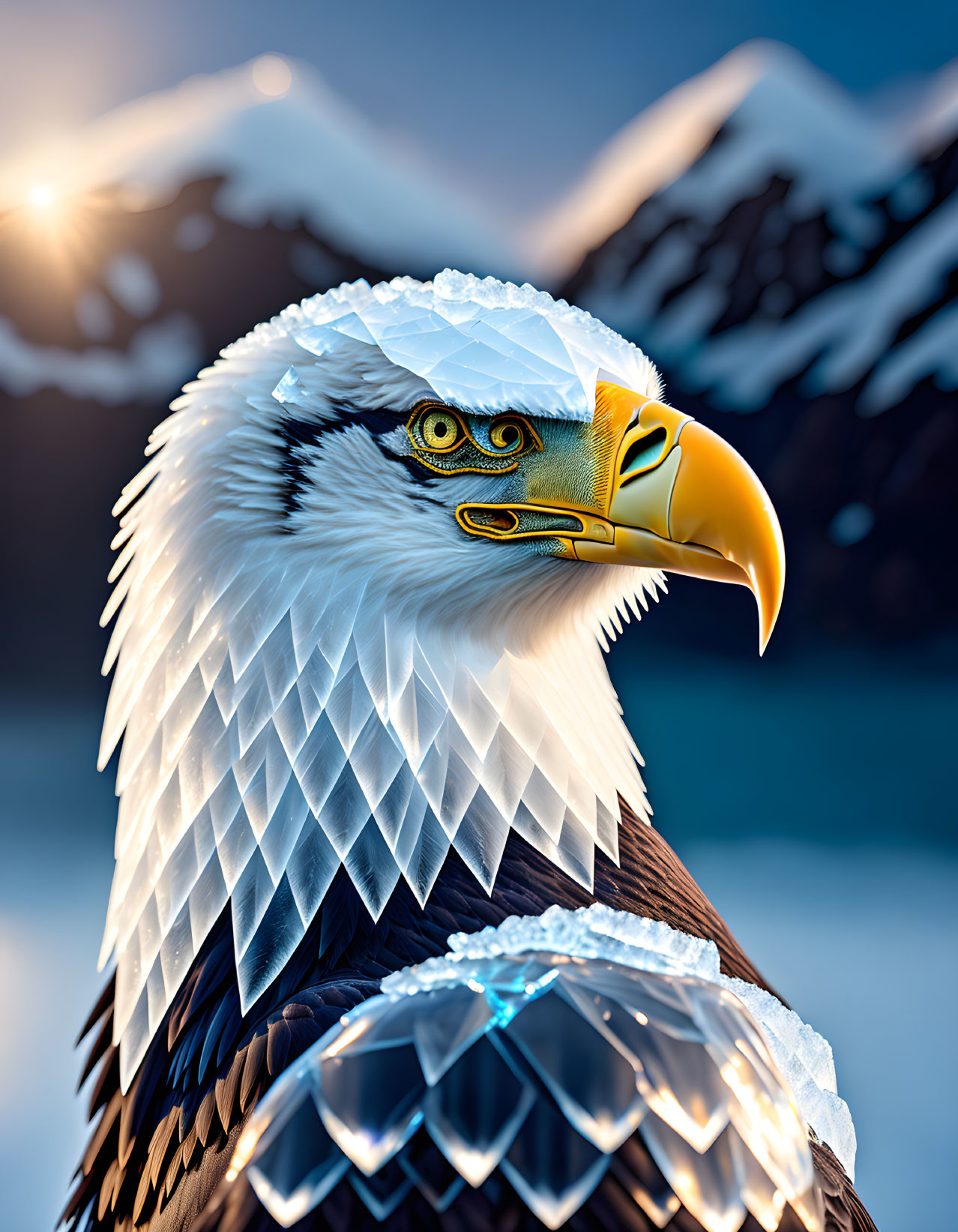 Bald eagle close-up with sharp beak and keen eyes against snowy mountains