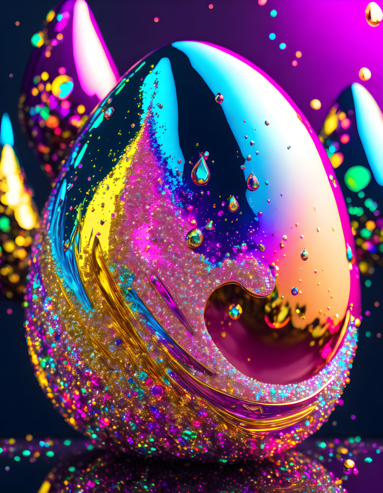 Colorful 3D Rendered Egg with Swirl Design on Dark Background