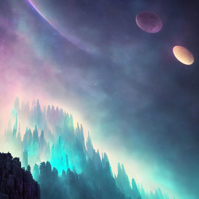 Fantastical landscape with towering crystal formations and cosmic elements